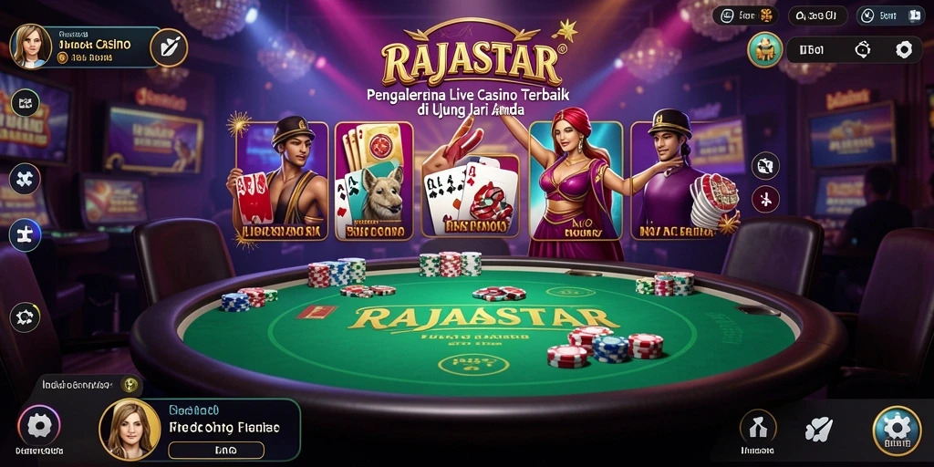 Tampilan gameplay RAJASTAR menampilkan dealer langsung dan suasana kasino yang mendebarkan.